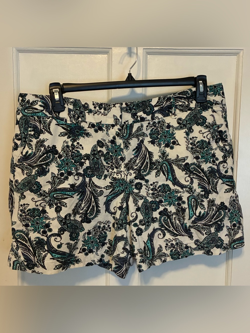 LOFT Cream Linen Shorts with Teal Paisley Floral Print